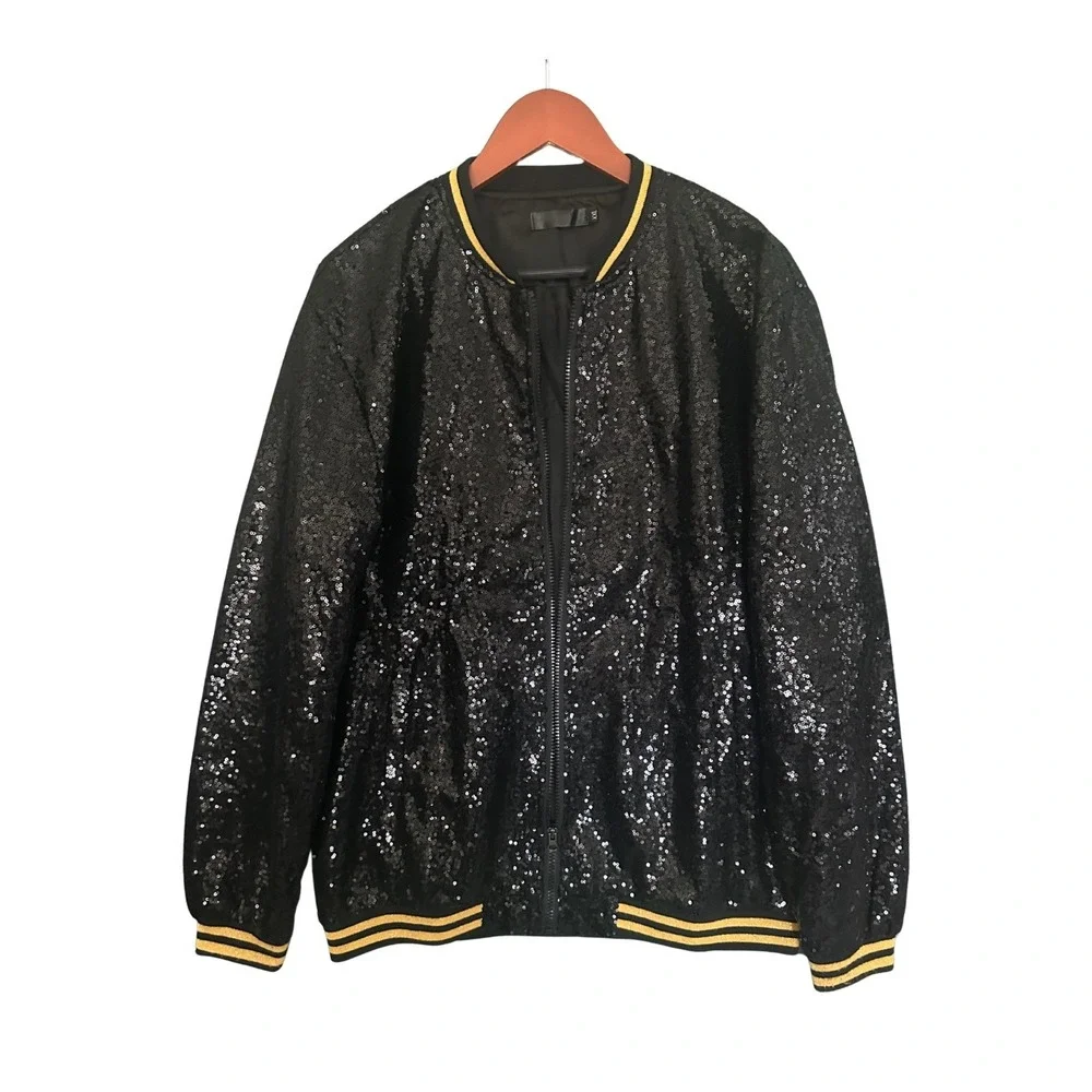 Mens XXL Black Sequin Varsity Bomber Jacket Gold Glitter Striped Party Disco 2XL